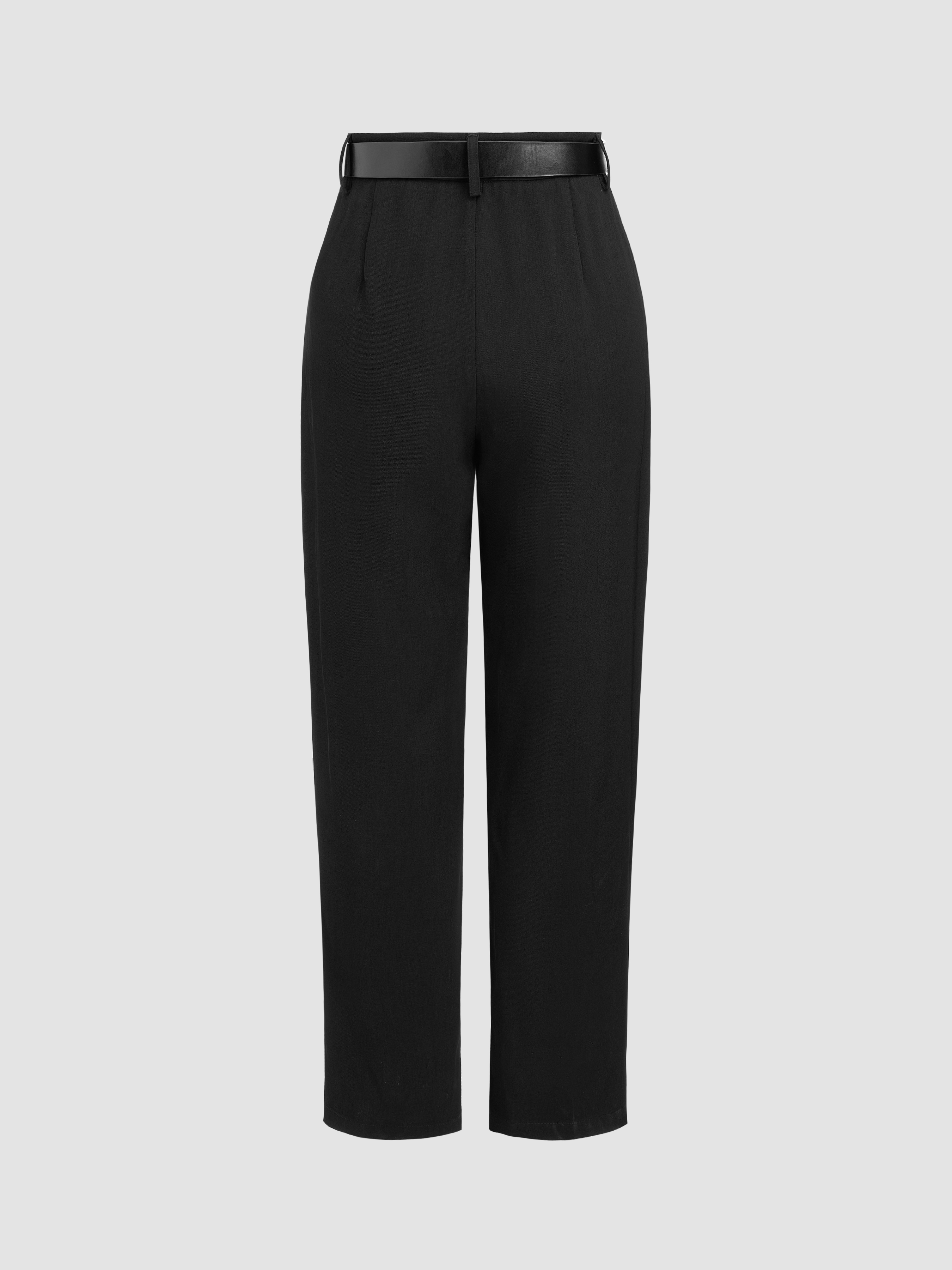 High Rise Solid Pocket Cropped Tapered Trousers With Belt