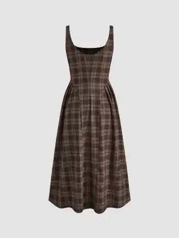 Karierter Falten Maxi-Kleid mit Reißverschluss