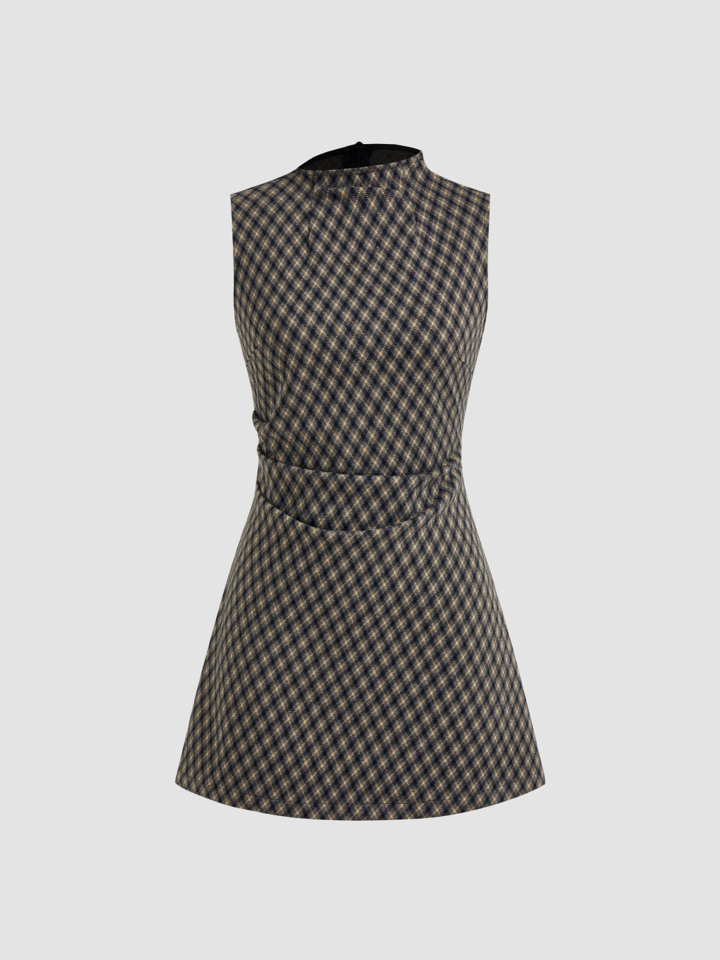 High Neck Checks Rüschen Minikleid