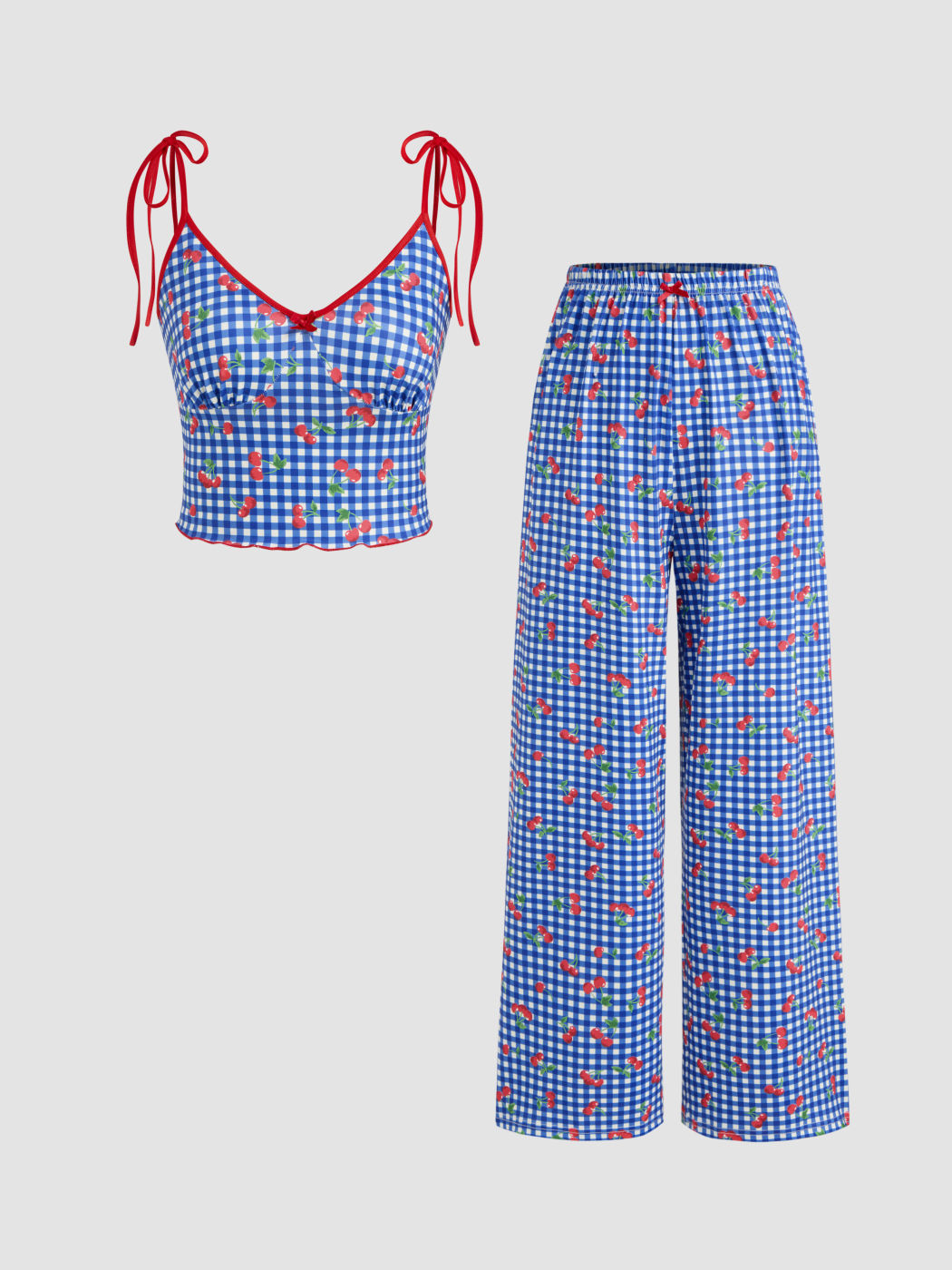 Cotton-blend V-neck Gingham Cherry Bowknot Knotted Crop Cami Top & Mid Rise Straight Leg Trousers Pajama Set