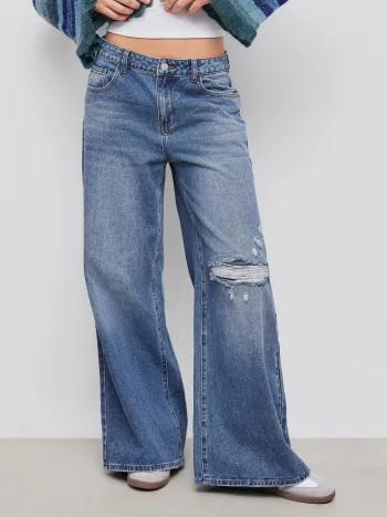 Cider Denim Low Rise Solid Ripped Baggy Jeans
