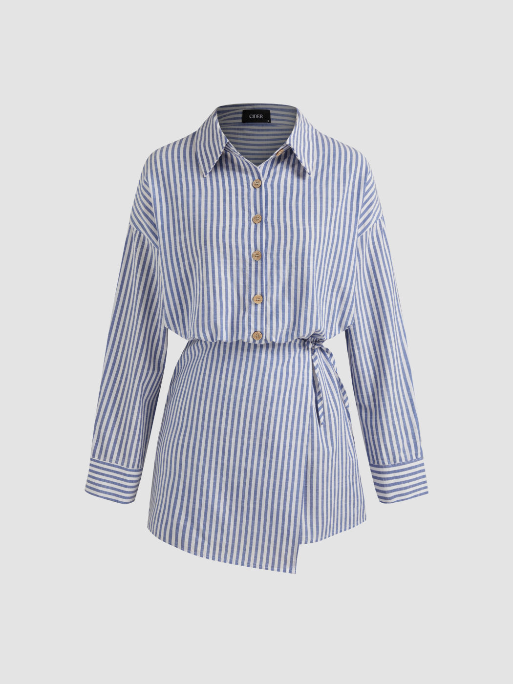 Cotton-blend Collar Striped Knotted Mini Shirt Dress