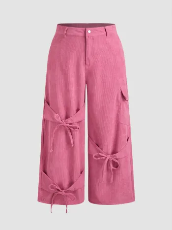 Corduroy Mid Rise Solid Bowknot Pocket Wide Leg Trousers Curve & Plus