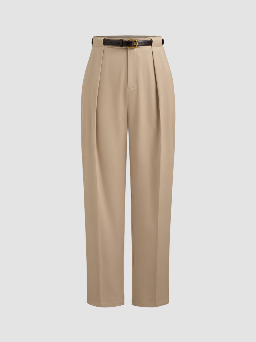 Mid Rise Solid Pleated Pocket Tapered Trousers With Belt