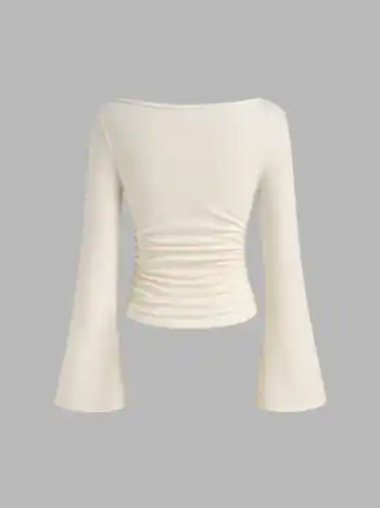 Boat Neck Solid Ruched Long Sleeve Tee