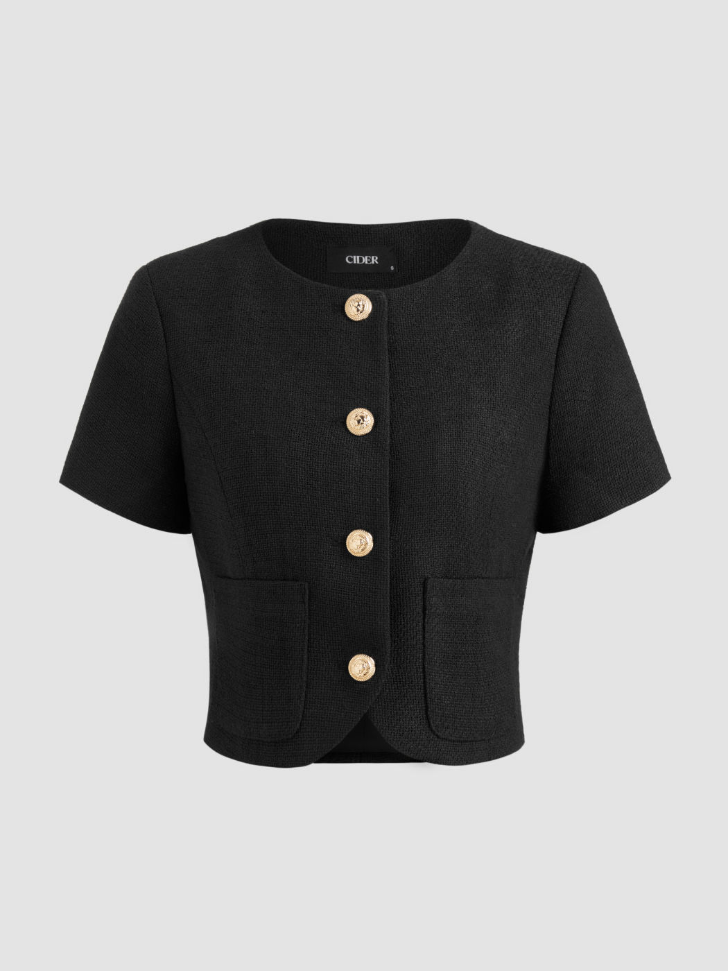 Tweed-Bluse mit runder Halsöffnung und Knöpfen, einfarbig