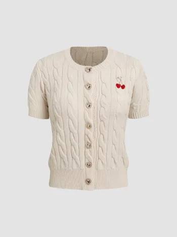 Knit Round Neckline Cherry Graphic Heart Button Short Sleeve Top
