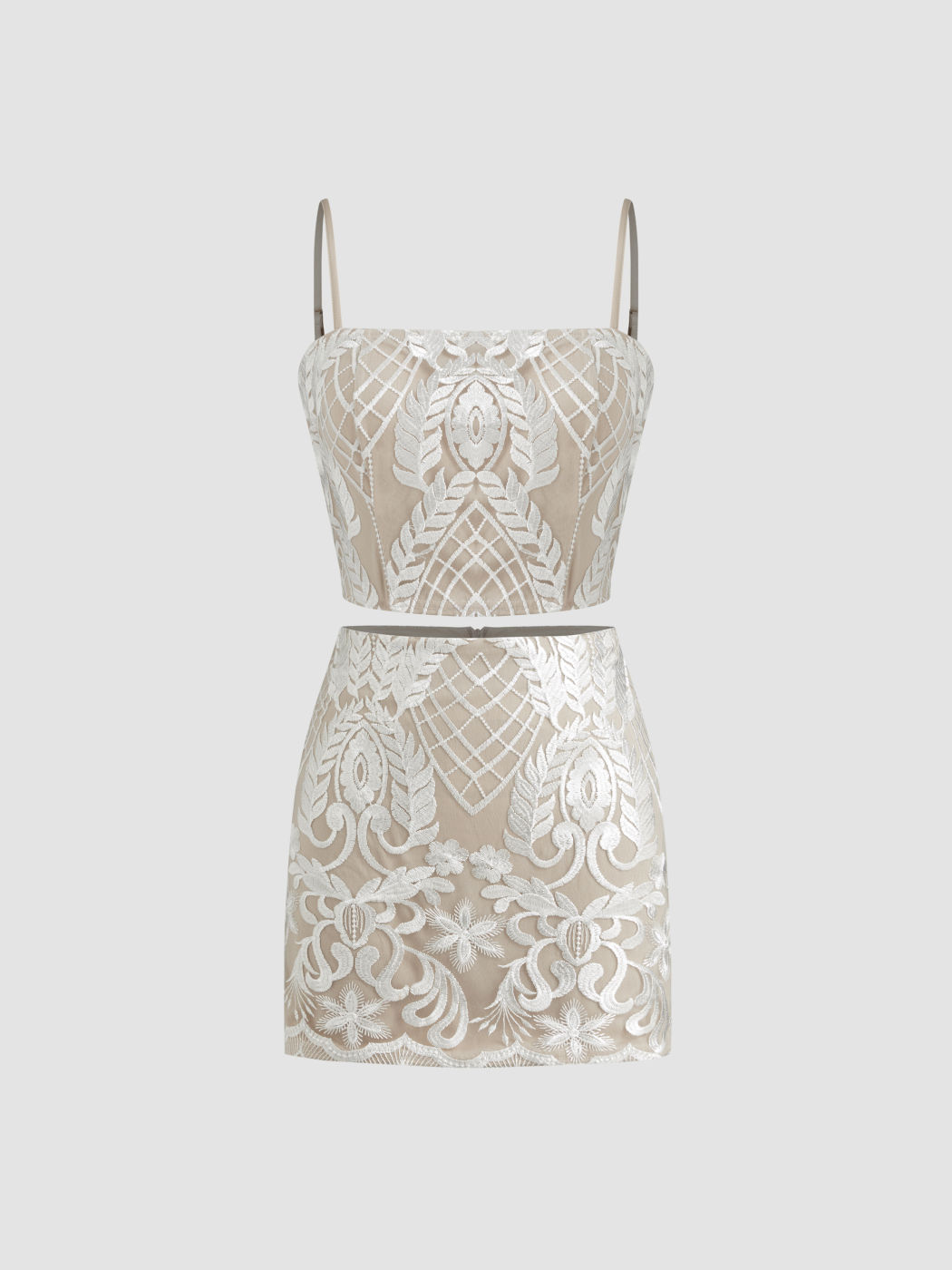 Jacquard Square Neck Floral Crop Cami Top & High Rise Zipper Mini Skirt Set