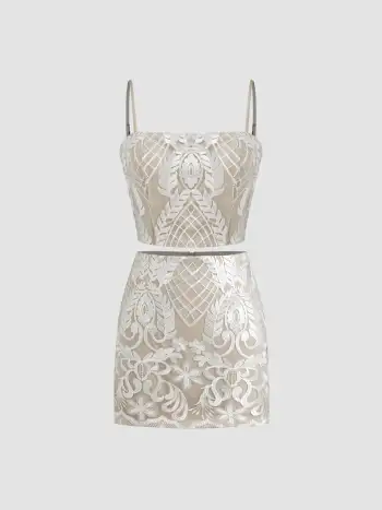 Jacquard Square Neck Floral Crop Cami Top & High Rise Zipper Mini Skirt Set