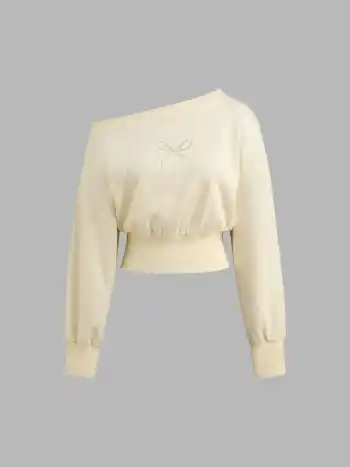  Asymmetrical Neck Rhinestone Bowknot Sweatshirt