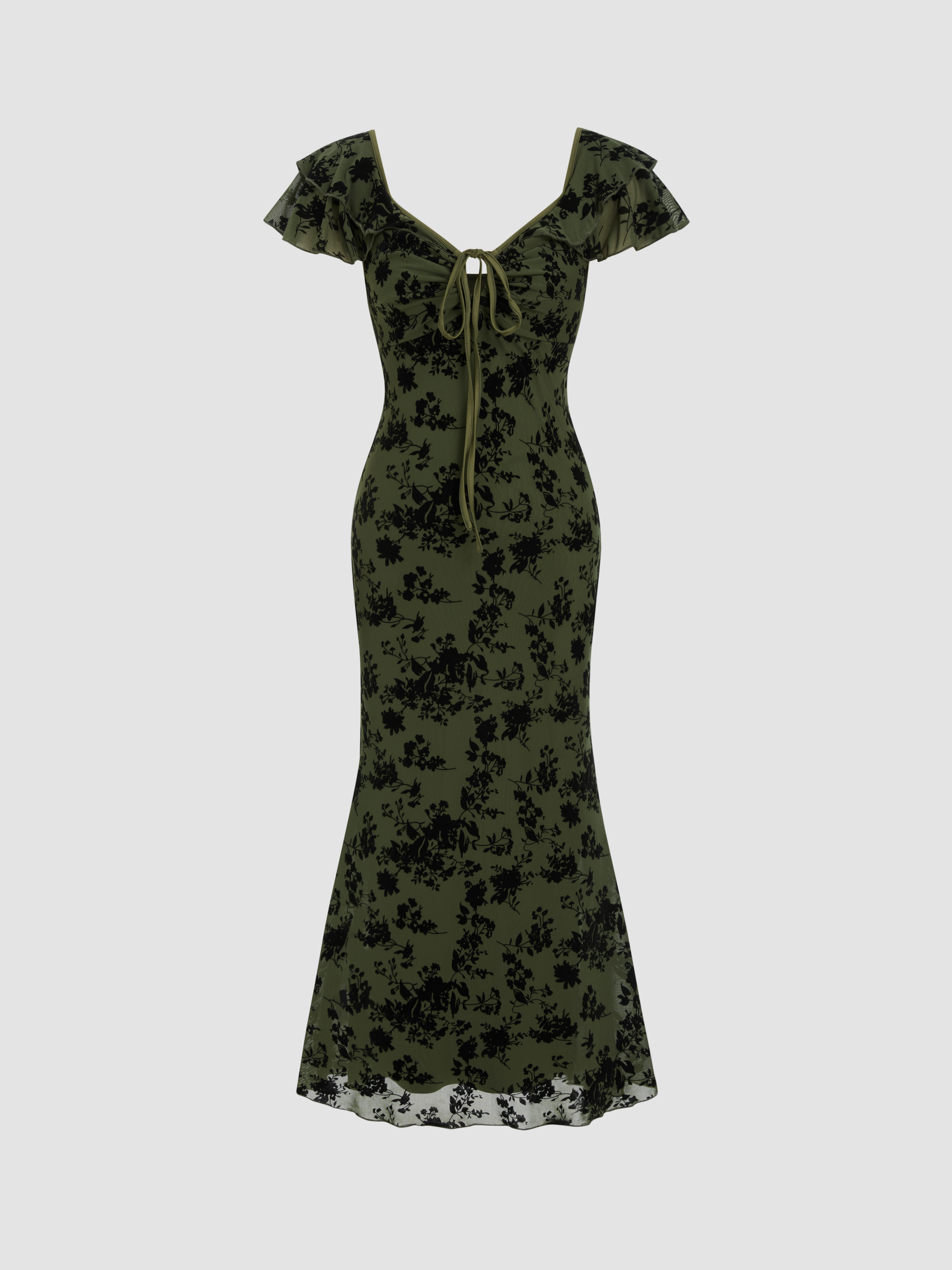 Mesh Mesh Sweetheart Neckline Floral Ruffle Knotted Maxi