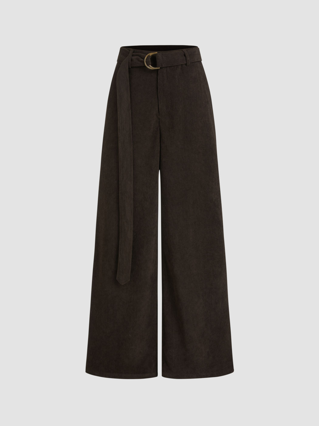 Corduroy Mid Rise Solid Pocket Wide Leg Trousers With Belt