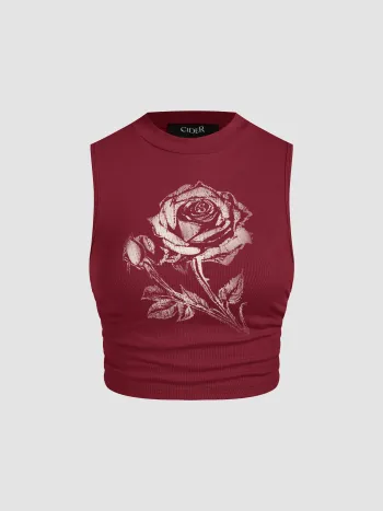 Rundhals-Rosen-Grafik-Rusche-Crop-Tank-Top