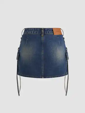 Denim Low Rise Solid Lace Up Cargo Mini Skirt