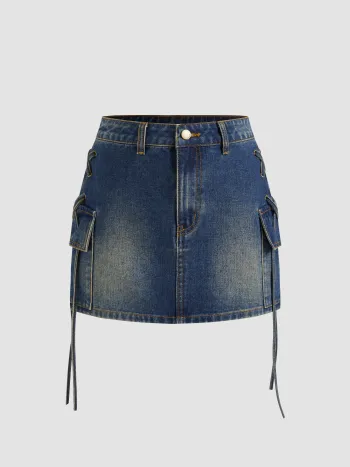 Denim Low Rise Solid Lace Up Cargo Mini Skirt