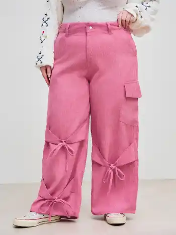 Corduroy Mid Rise Solid Bowknot Pocket Wide Leg Trousers Curve & Plus
