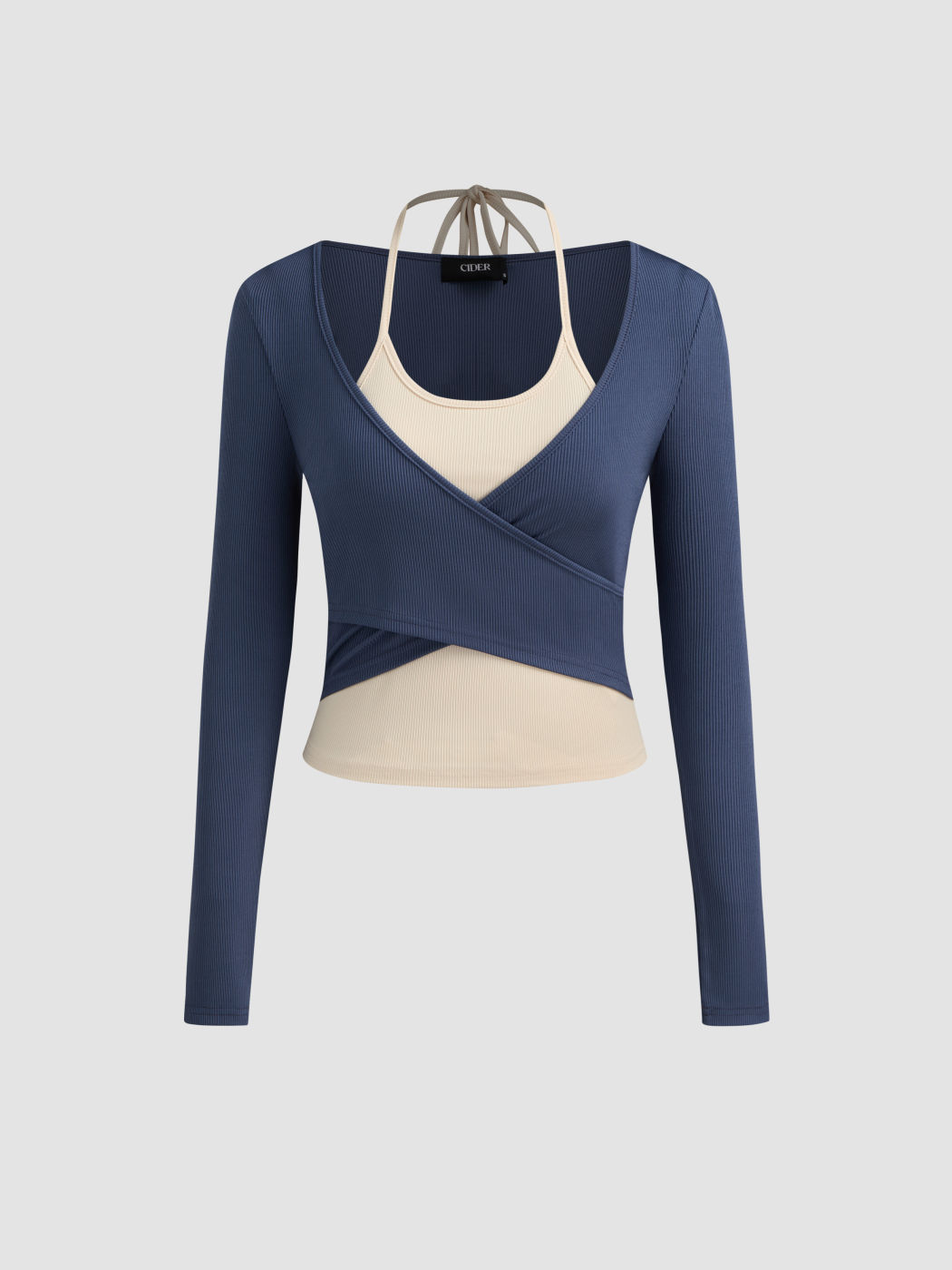 Halter Neckline Two Tone Knotted Long Sleeve Top