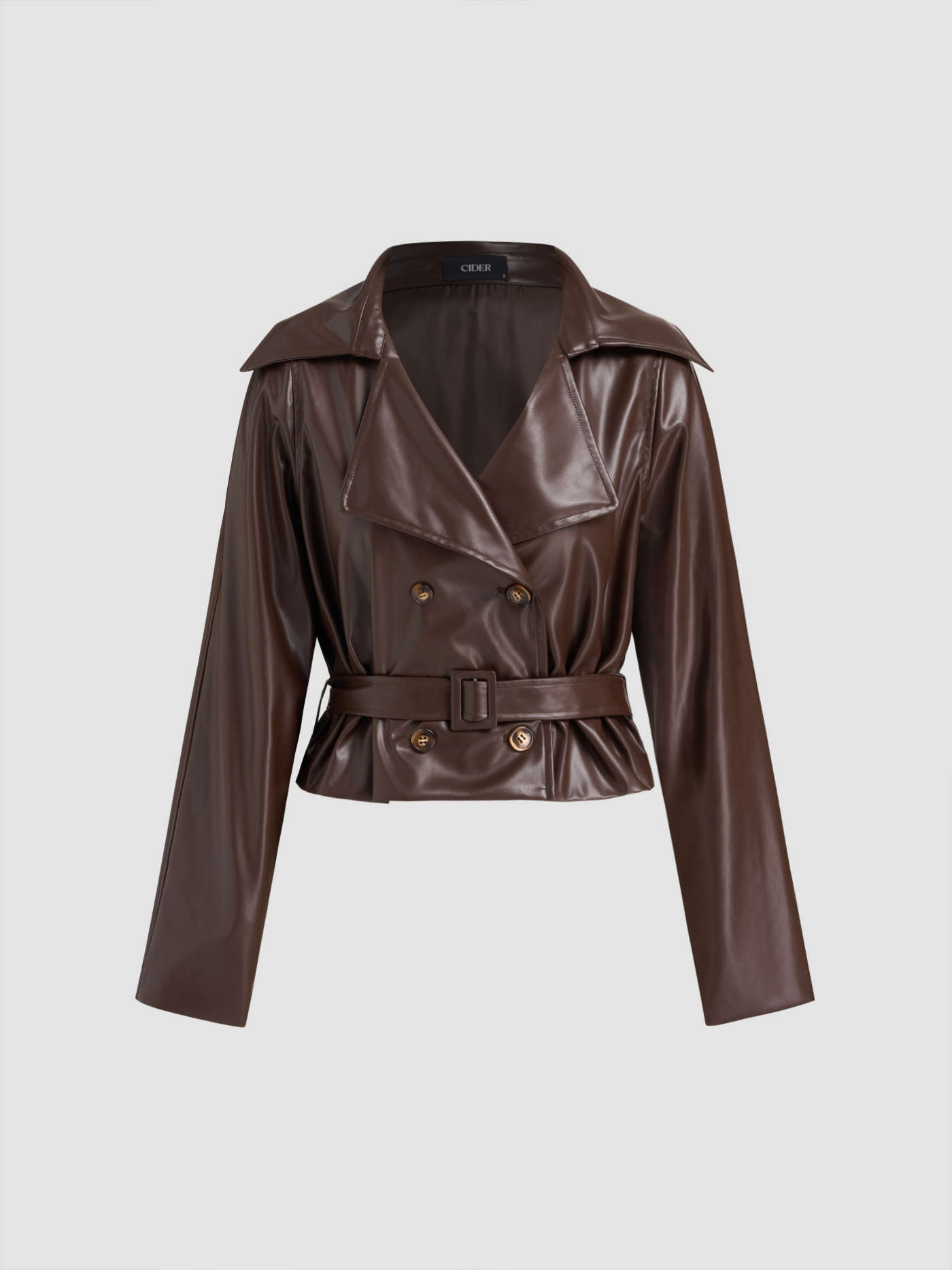 Faux Leather Faux Leather Collar Solid Button Windbreaker With Belt For Work