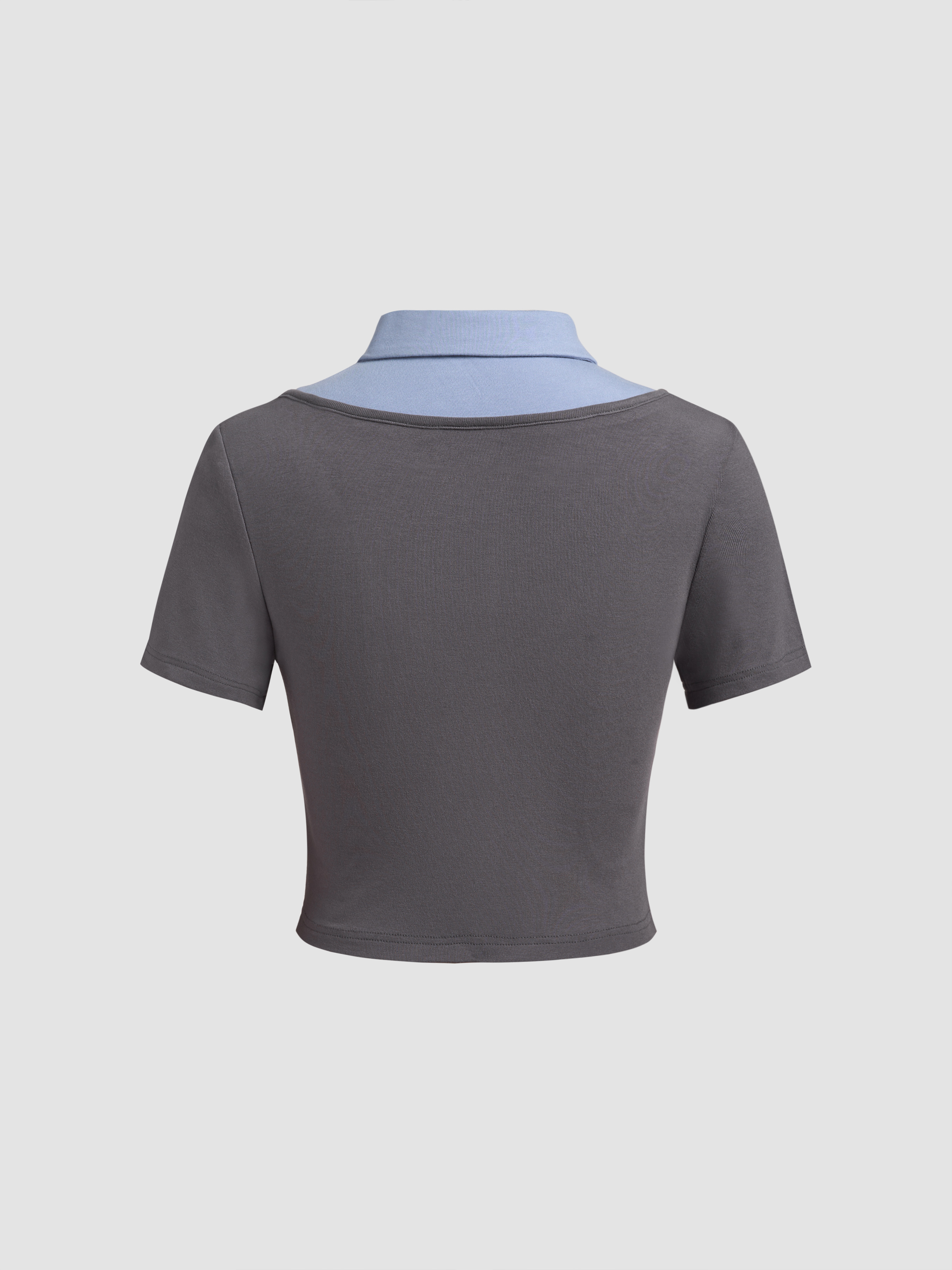 Collar Two Tone Button Short Sleeve Crop Top