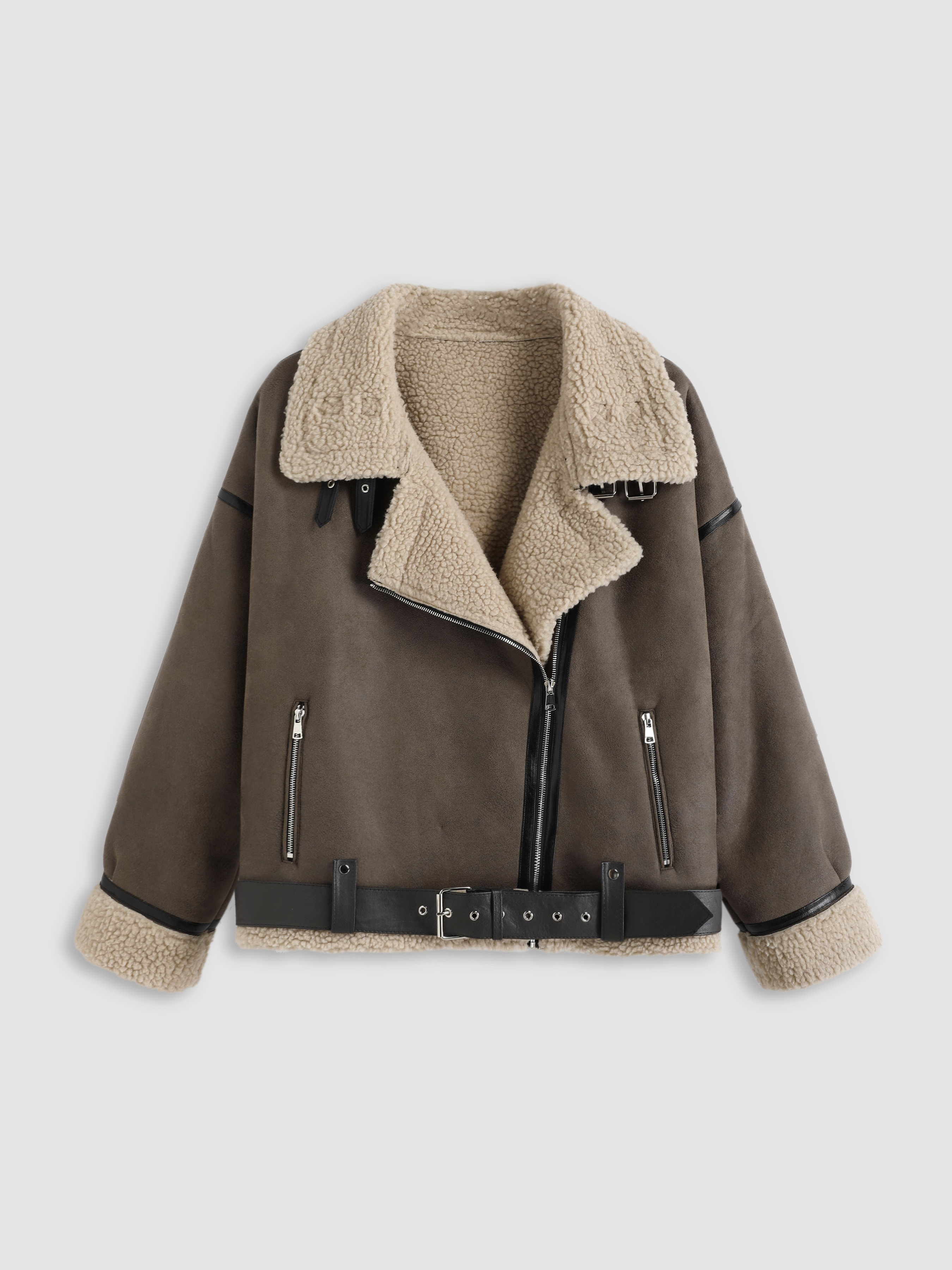 シアリング フリースドロップショルダージッパーバイカー