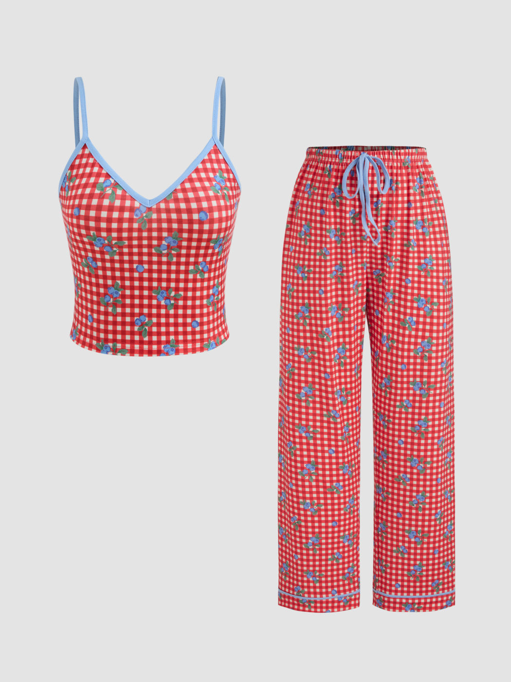 V-neck Gingham Blueberry Cami Top & Mid Rise Elastic Waist Knotted Loungewear Set