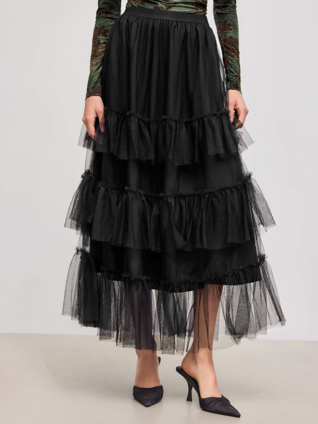 Mesh Voluminous Mesh Mid Rise Solid Tulle Ruffle Layered Maxi