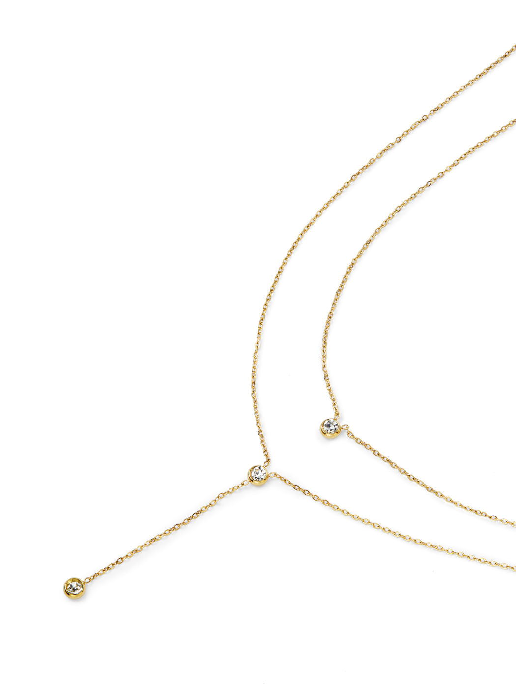 18K GOLD PLATED STAINLESS STEEL RHINESTONE DOUBLE LAYERED PENDANT NECKLACE
