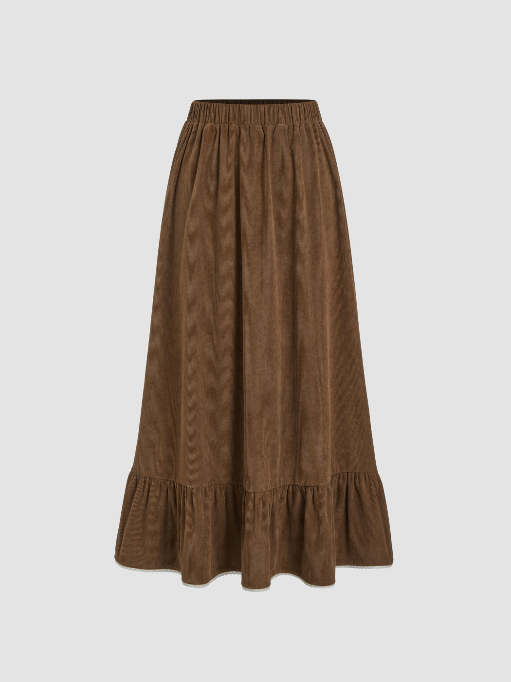 Cord Mid Rise Solid Elastische Taille Spitze Rüsche Maxirock
