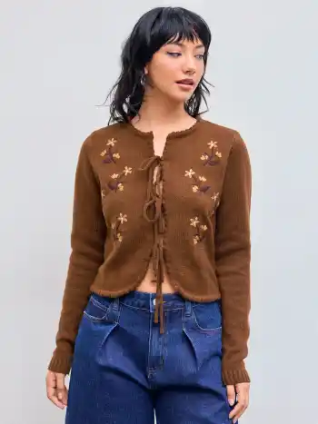 Floral Embroidery Knotted Cardigan