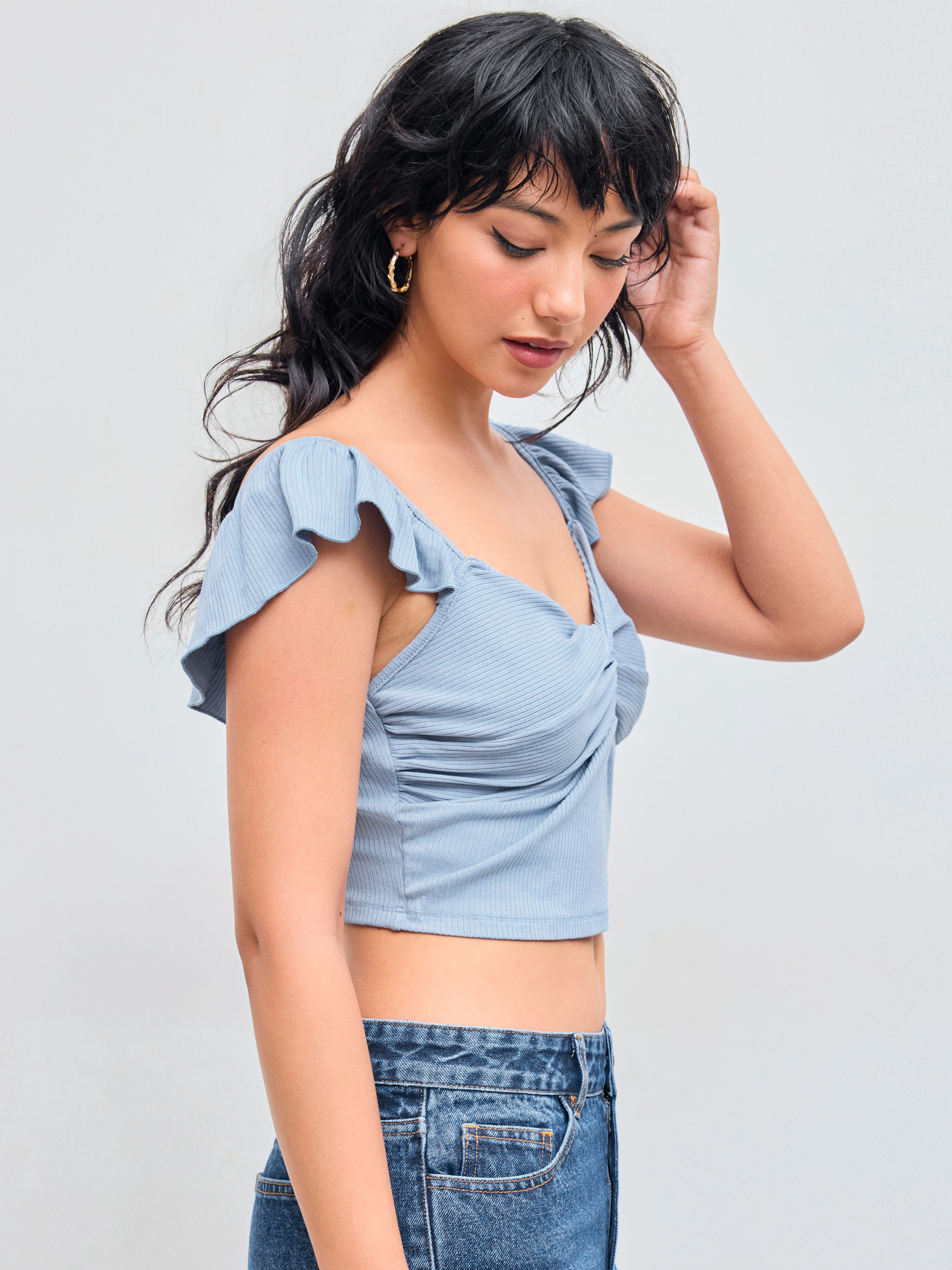 Cute Tops Knit Fabric Solid Twist Ruffle Sleeve Crop Top For