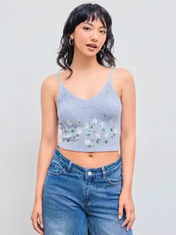 Gestricktes Blumen Crop Tank Top mit Rundhalsausschnitt