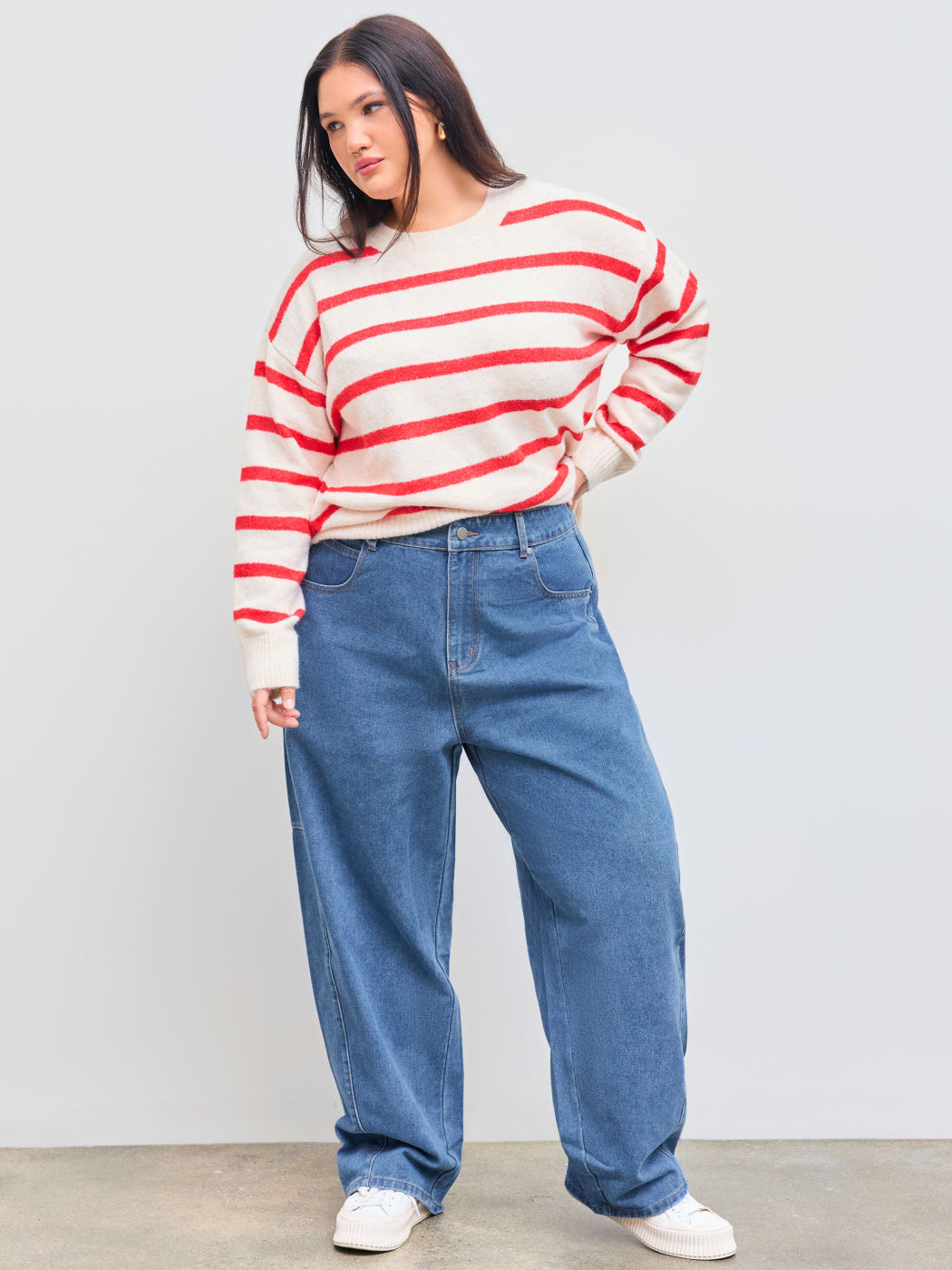 Jeans-Hochbundhosen mit Taschen und schmalerem Beinabschluss Kurve & Plus