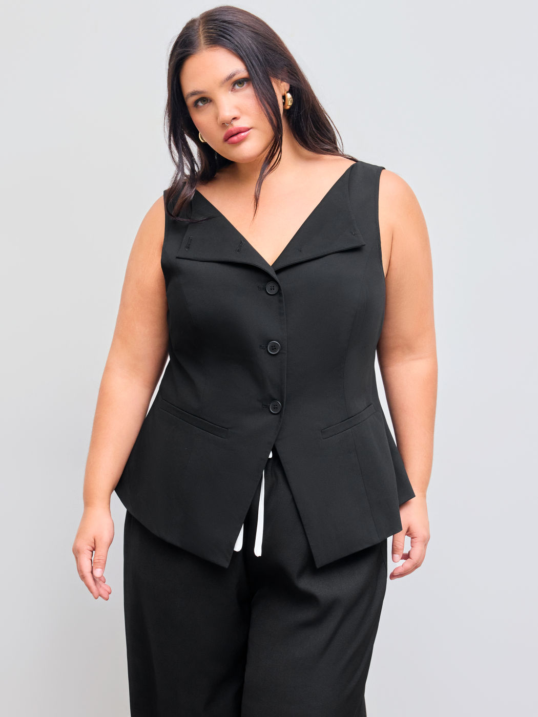 Woven Boat Neck Solid Button Vest Curve & Plus