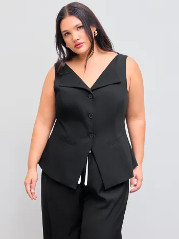 Woven Boat Neck Solid Button Vest Curve & Plus