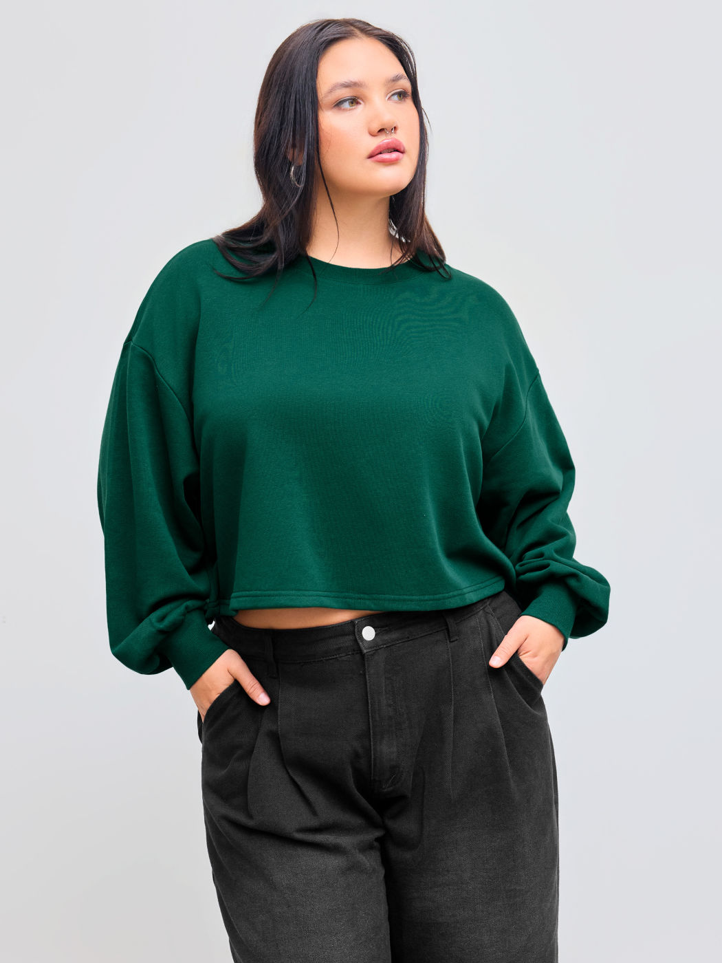 Cotton-blend Round Neckline Solid Long Sleeve Oversized Sweatshirt Curve & Plus