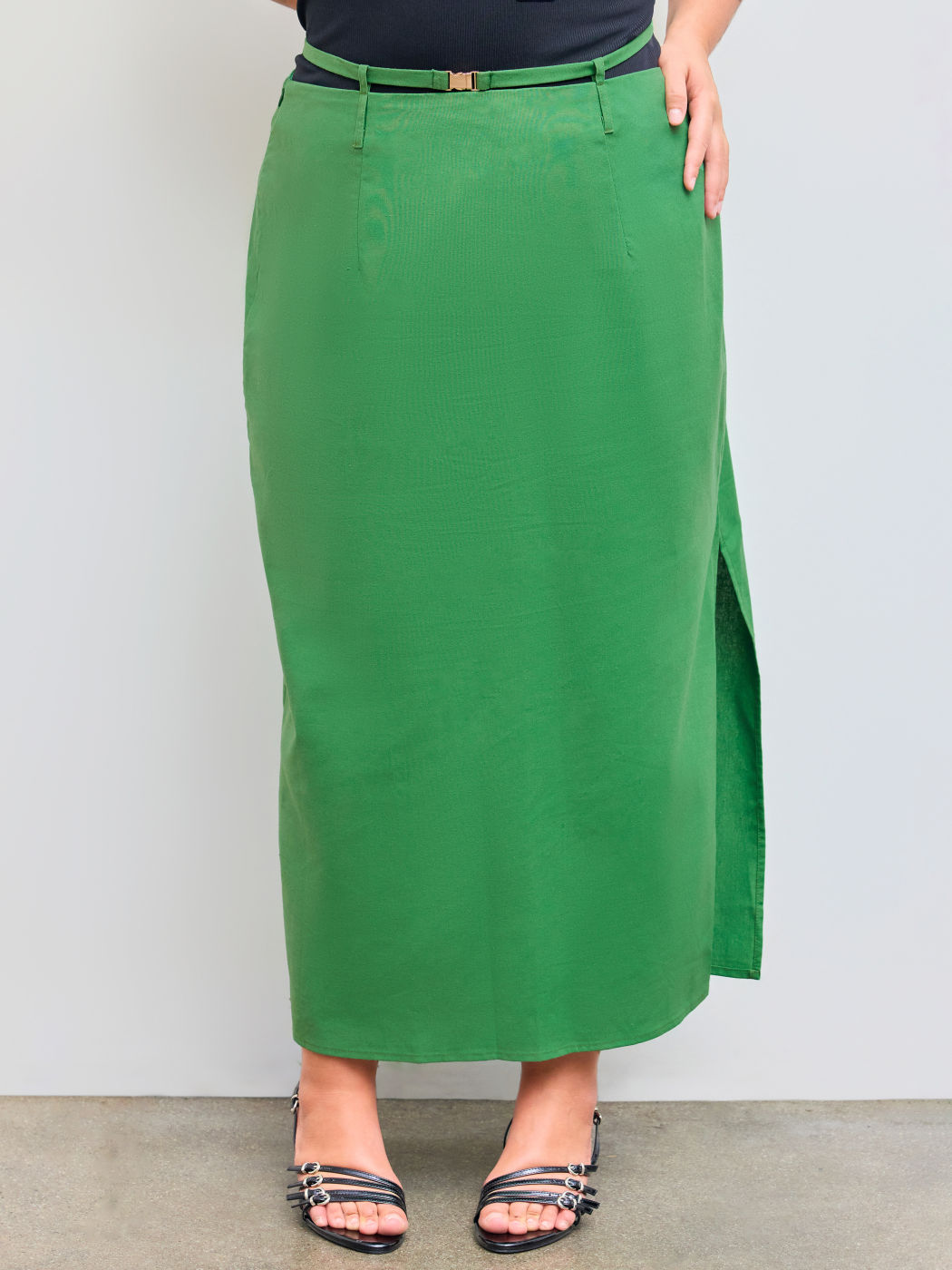 Linen-blend Mid Rise Solid Belted Split Zipper Maxi Skirt Curve & Plus