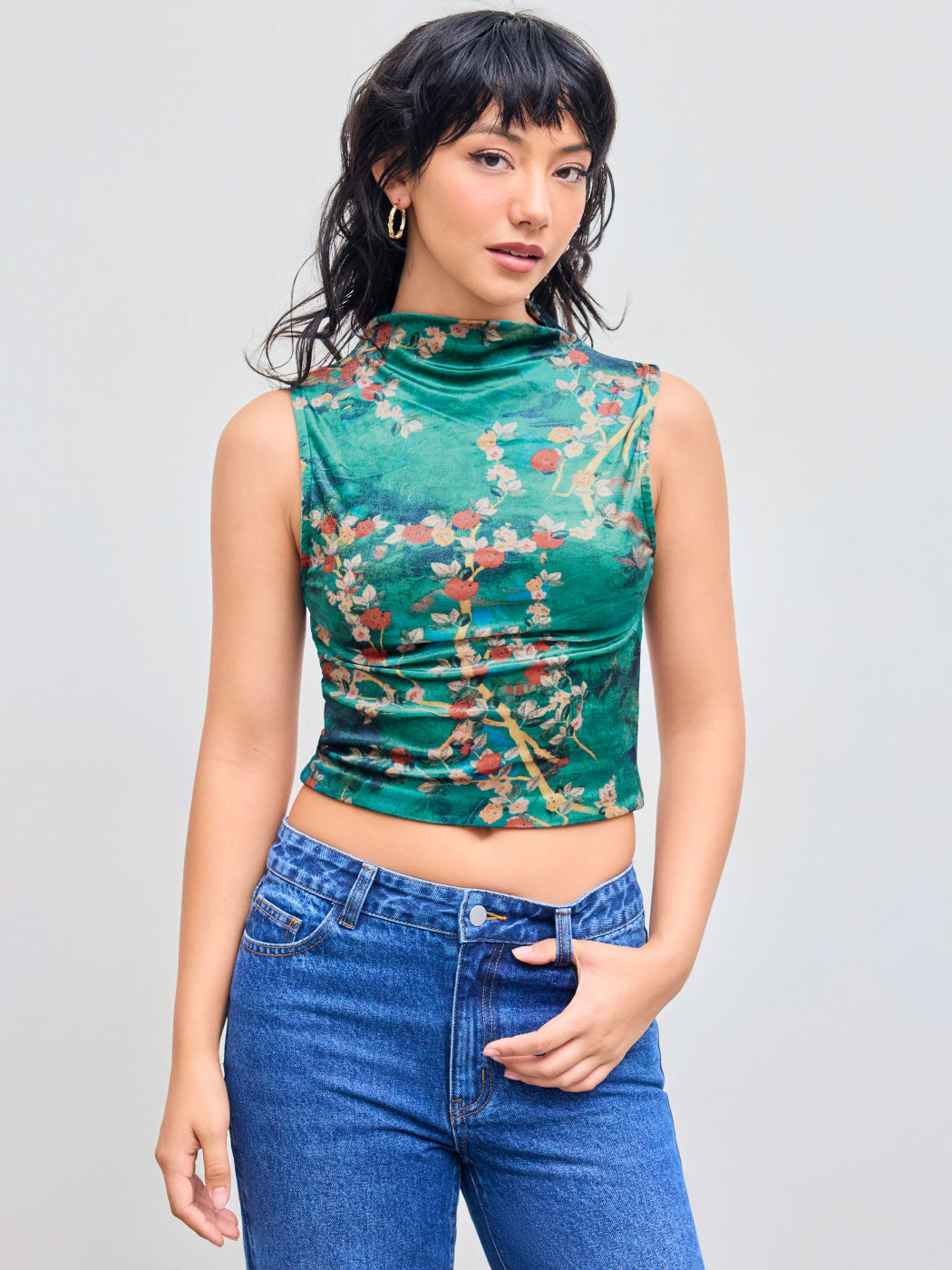 Samt Stehkragen Blumen Tank Top