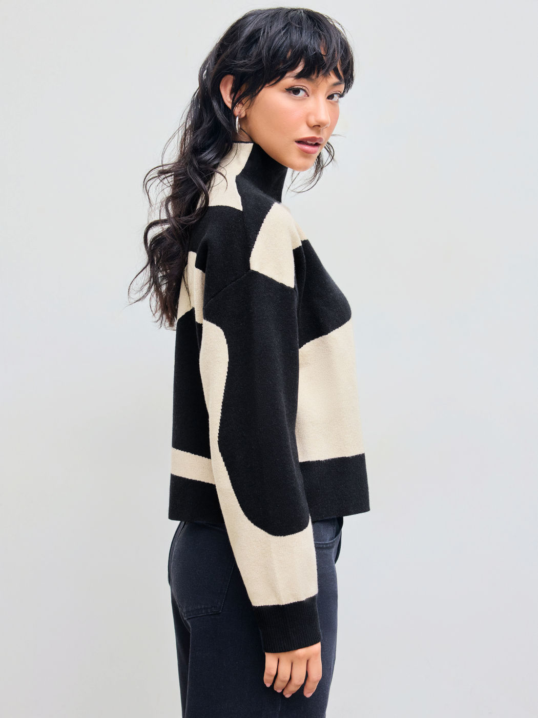 Stand Collar Zebra Stripe Long Sleeve Sweater