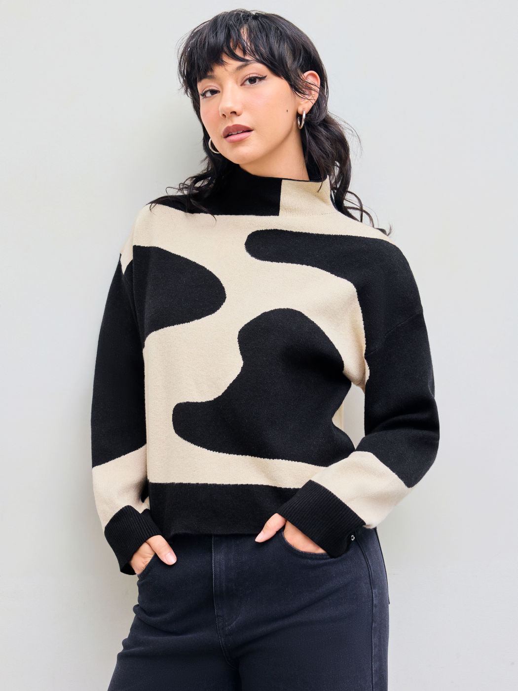 Stand Collar Zebra Stripe Long Sleeve Sweater