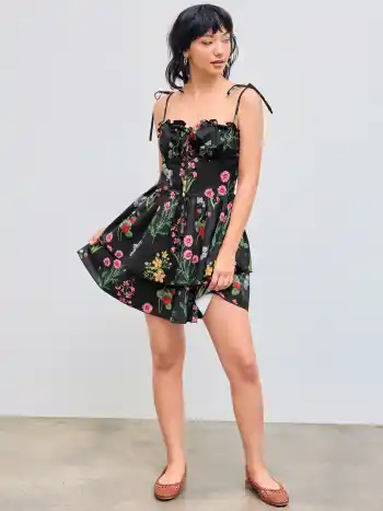 Gewebtes Blumen & Frucht Rüschen Saum Geknotetes Lagen Mini Kleid