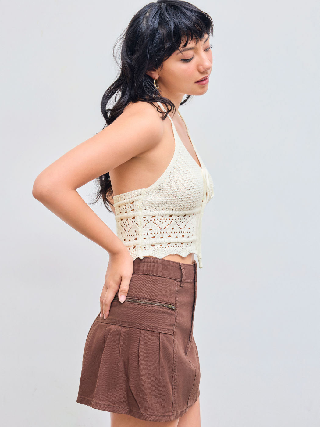 Halter Knotted Lettuce Trim Crop Top
