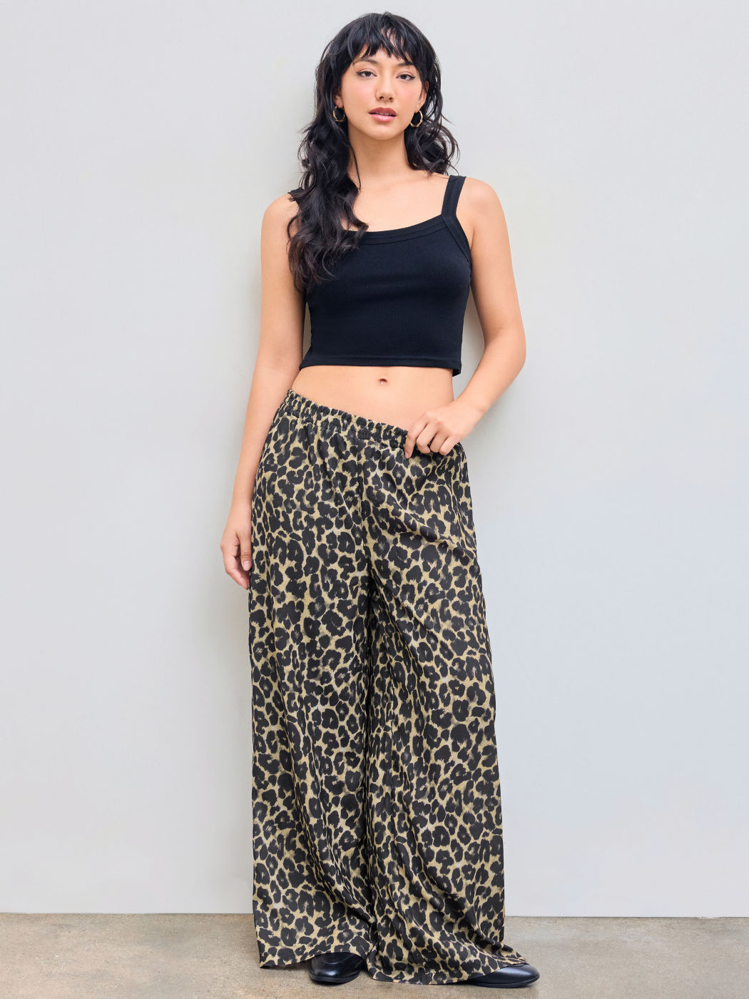 Mittlerer Bund, elastische Taille, Leopardmuster, breite Beine Hosen