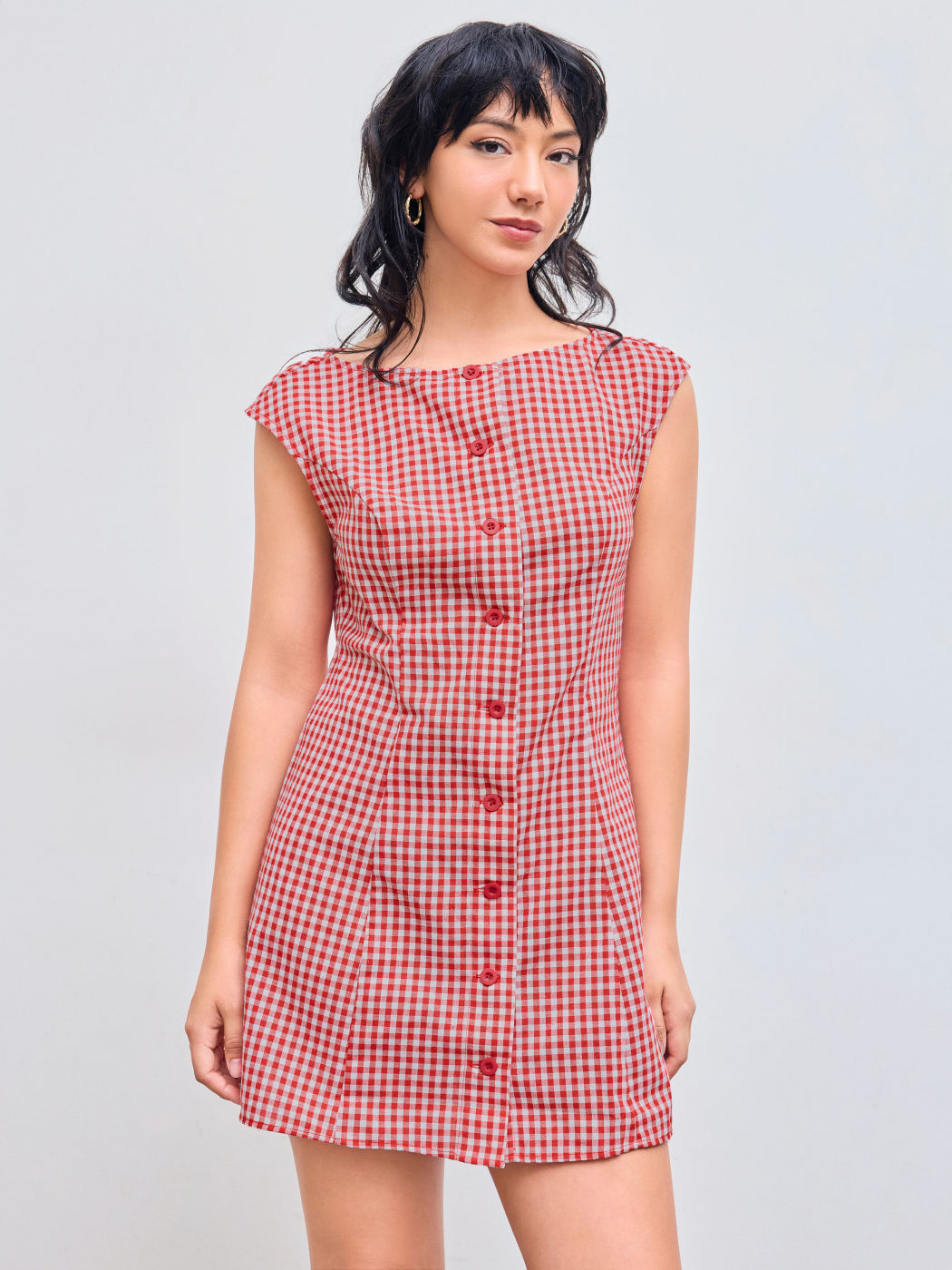 Cotton-blend Boat Neckline Gingham Button Mini Dress