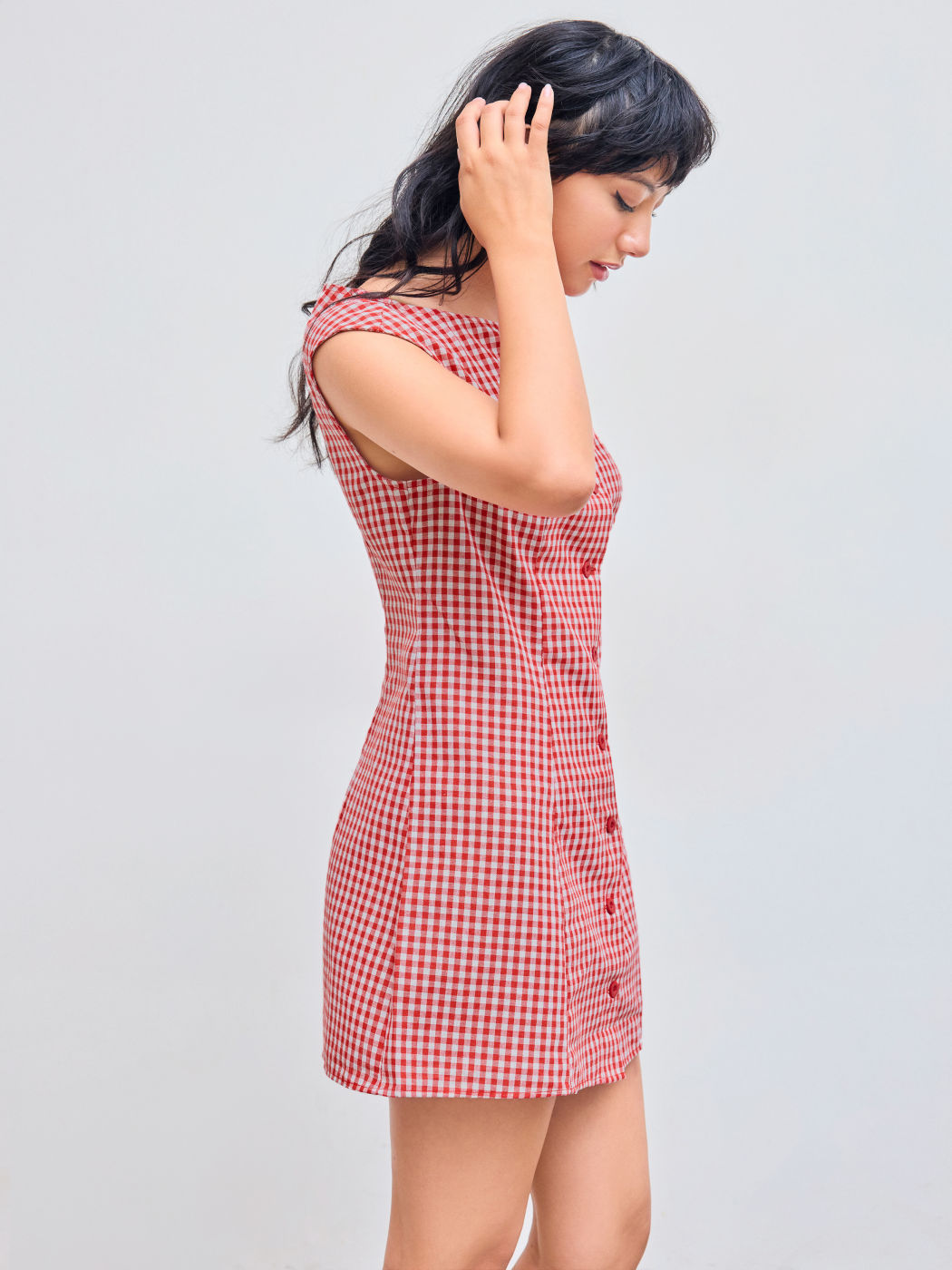 Cotton-blend Boat Neckline Gingham Button Mini Dress