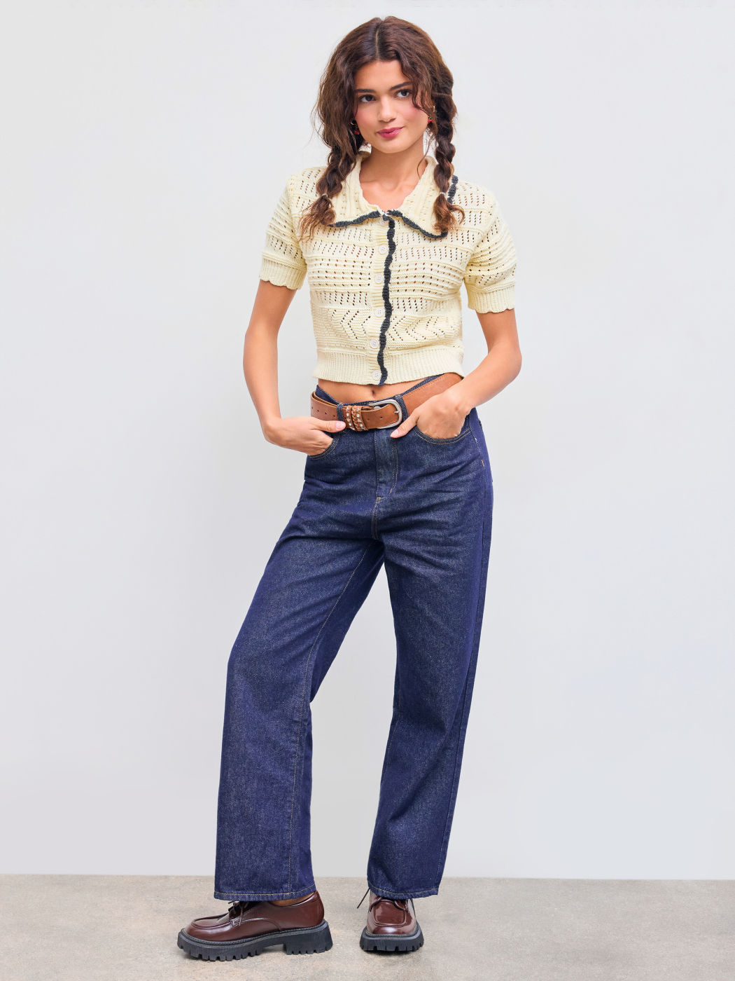 Knit Collar Contrasting Binding Button Crop Short Sleeve Top
