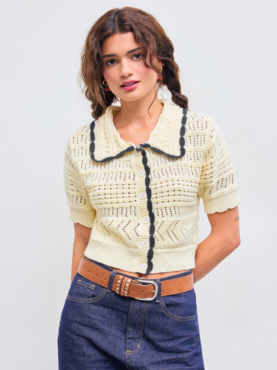 Knit Collar Contrasting Binding Button Crop Short Sleeve Top