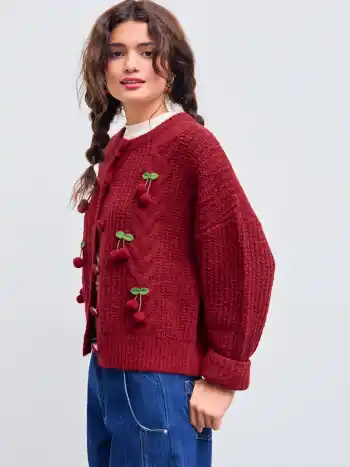 Cable Knit Round Neckline 3D Cherry Button Cardigan