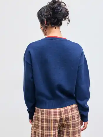 Knitted Round Neckline Basket Chili Contrasting Binding Long Sleeve Top