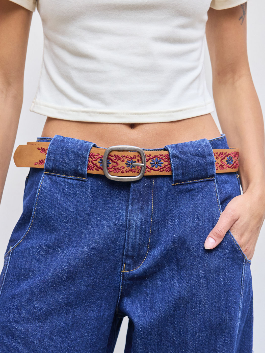 VINTAGE DENIM FLOWER EMBROIDERY BUCKLE BELT