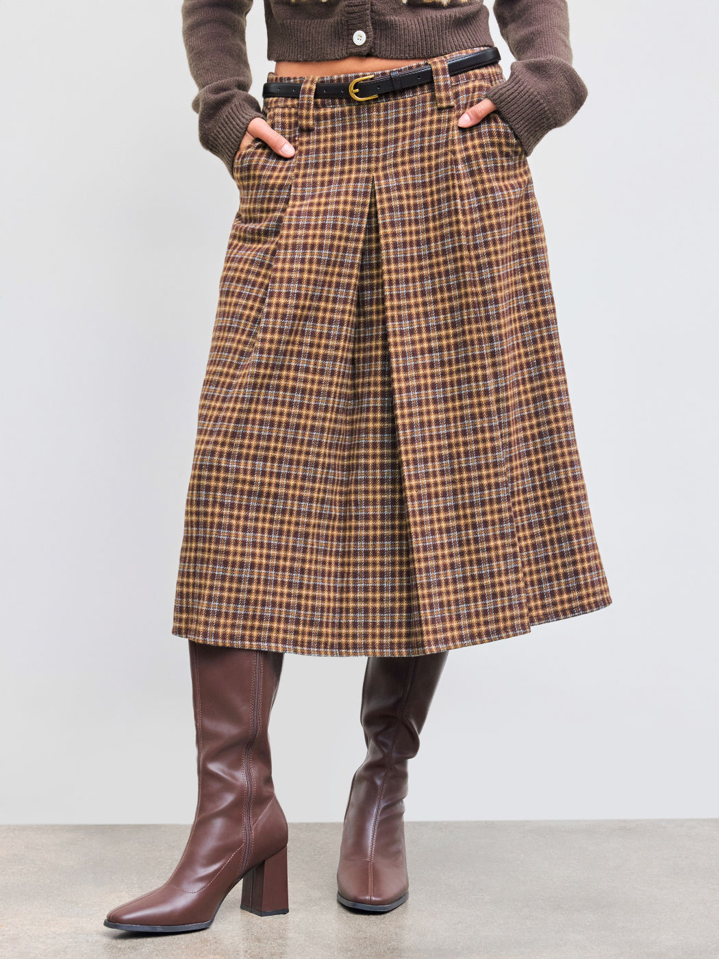 Wool-like Mid Rise Checks Pleated Maxi Skirt With Belt